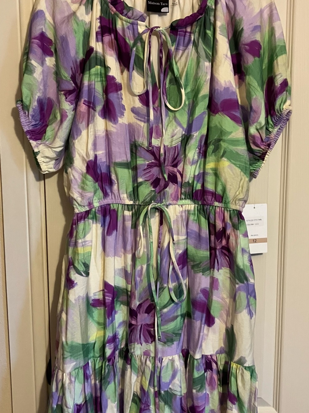 Maison Tara Cream Dress with Purple & Green Floral Tie
